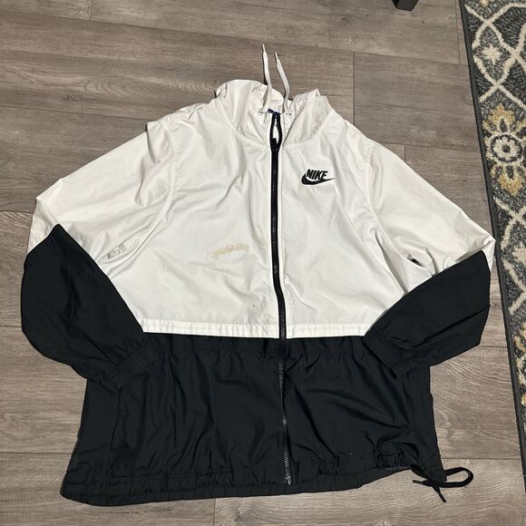 NIKE SPORTSWEAR REPEL WOVEN HOODED WOMEN WINDBREAKER LINED JACKET XL BLK-WHT - Picture 1 of 5